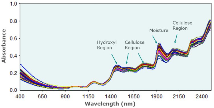 Near-infrared spectra resulting from the interaction of NIR light with paper samples.