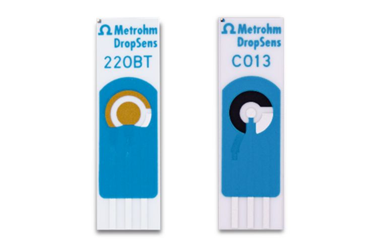Metrohm DropSens ofrece una selección de electrodos serigrafiados (aquí se muestran 220BT y C013) para diversas aplicaciones SERS.