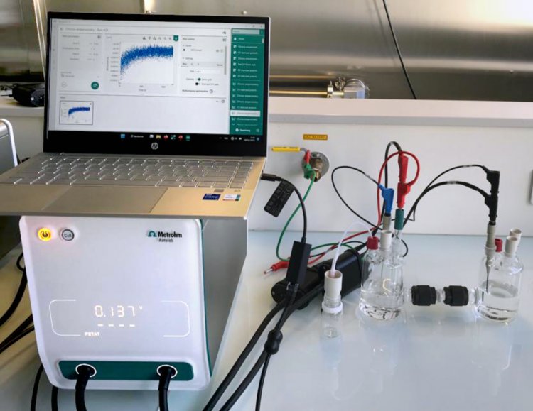 Prototype of the Swan-H green ammonia reactor made of a two-compartment glass cell (divided by a glass frit) with VIONIC powered by INTELLO controlling the reaction rate. Working and reference electrodes are immersed in the cathodic compartment whereas the counter electrode is allocated in the anodic compartment to avoid any cross-over reactions.