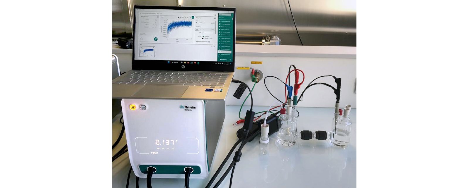 Prototype of the Swan-H green ammonia reactor made of a two-compartment glass cell (divided by a glass frit) with VIONIC powered by INTELLO controlling the reaction rate. Working and reference electrodes are immersed in the cathodic compartment whereas the counter electrode is allocated in the anodic compartment to avoid any cross-over reactions.