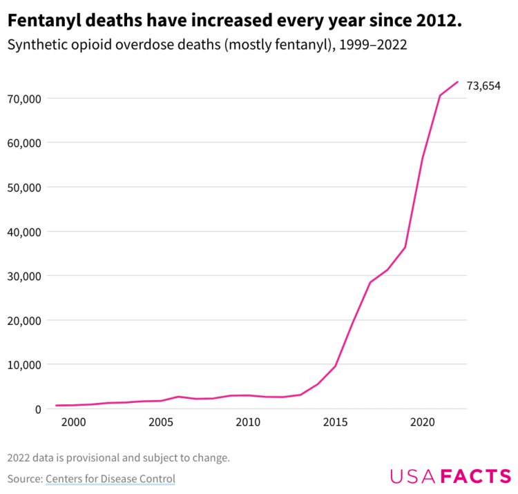 Synthetic opioid overdose deaths (mostly fentanyl) in the U.S. over the period of 1999–2022.