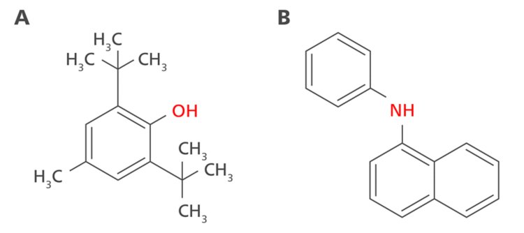 Examples of primary antioxidants (functional group marked in red): A) 2,6-di-tert-butyl-4-methylphenol (BHT), and B) n-phenyl-1-naphthylamine.