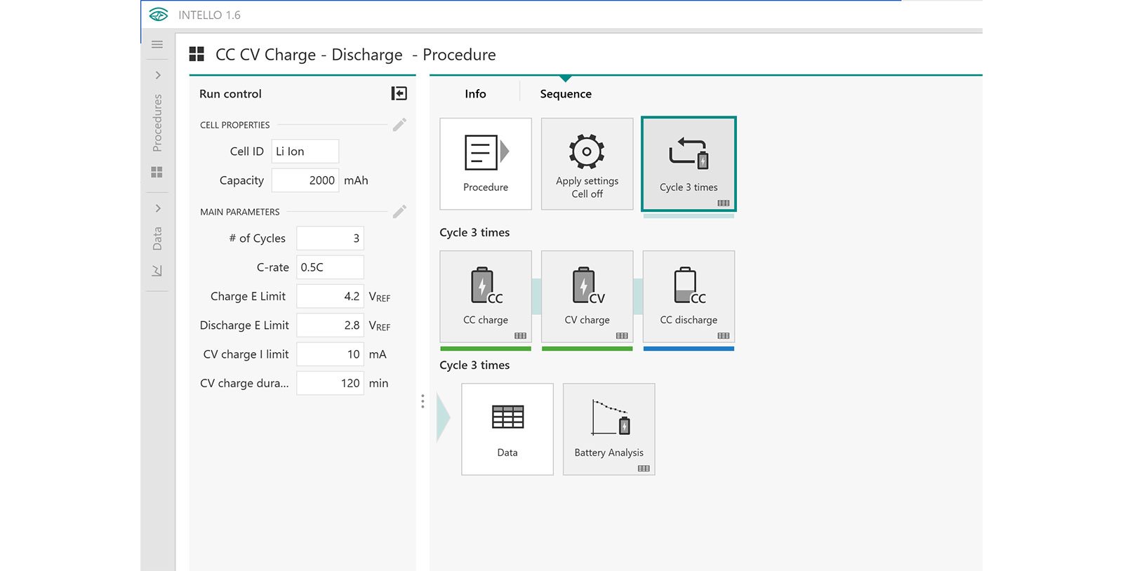 A simple CCCV Charge and CC Discharge procedure  implemented in INTELLO 1.6. 