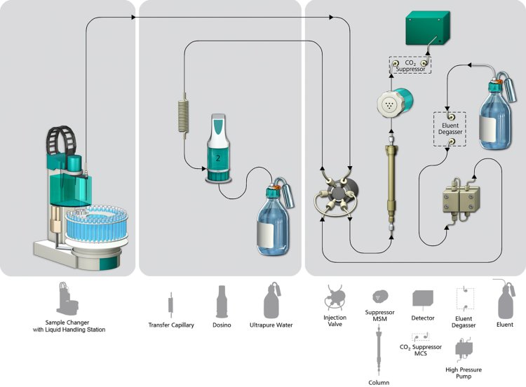 Illustration of the Metrohm intelligent Partial Loop Injection Technique (MiPT) flow path. With the help of the Dosino, the sample  is transferred from the autosampler into a buffer loop to avoid contamination and carryover. The Dosino then precisely fills the sample loop  with the desired injection volume in the μL range. 