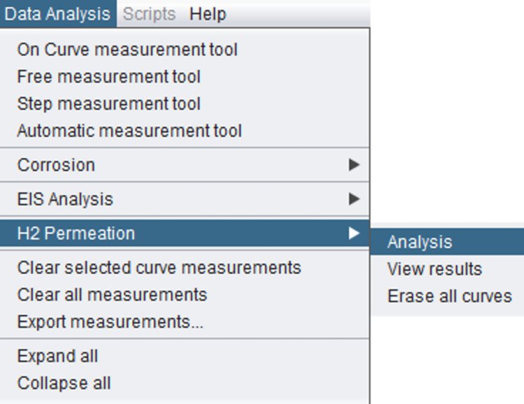 Wählen Sie im Dropdown-Menü Data Analysis unter «H2 Permeation» die Option «Analysis». 