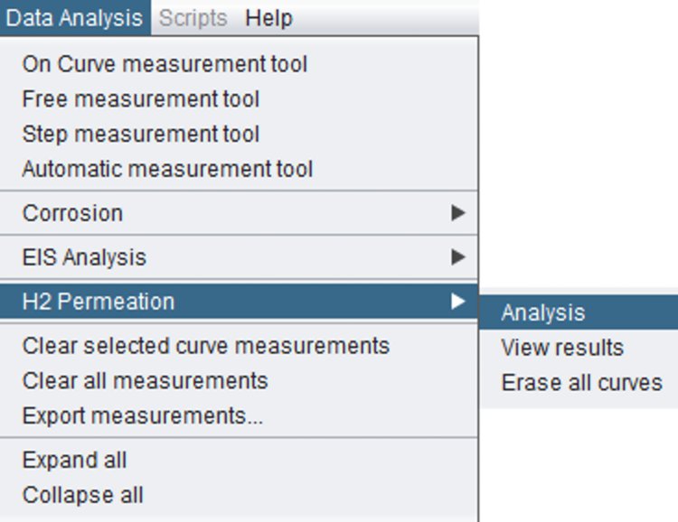 Select the «Analysis» option for «H2 Permeation» in the  Data Analysis drop-down menu.