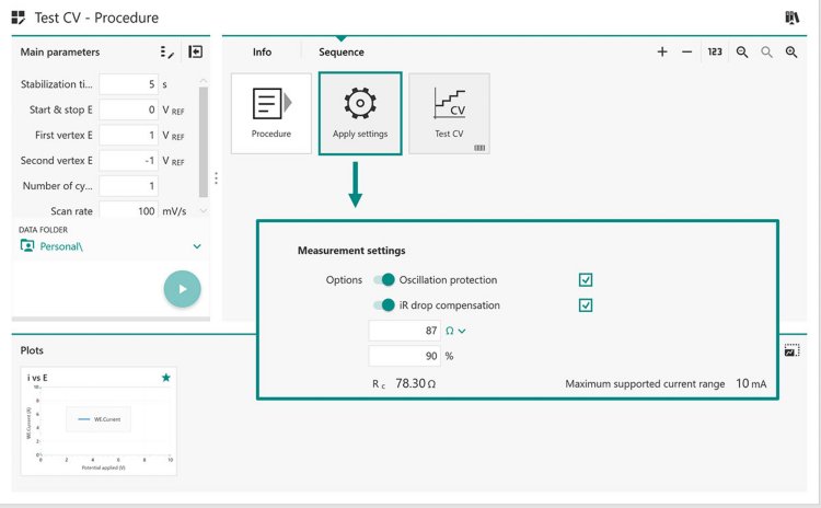 Screenshot of INTELLO. The calculated iR drop should be  input in the Apply Settings command. 