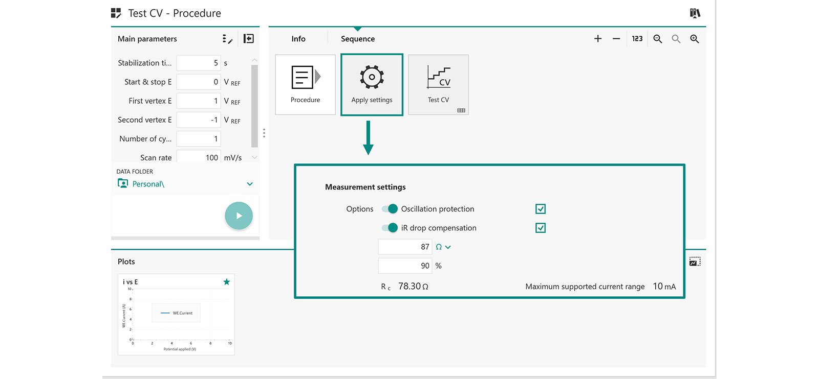 Screenshot of INTELLO. The calculated iR drop should be  input in the Apply Settings command. 