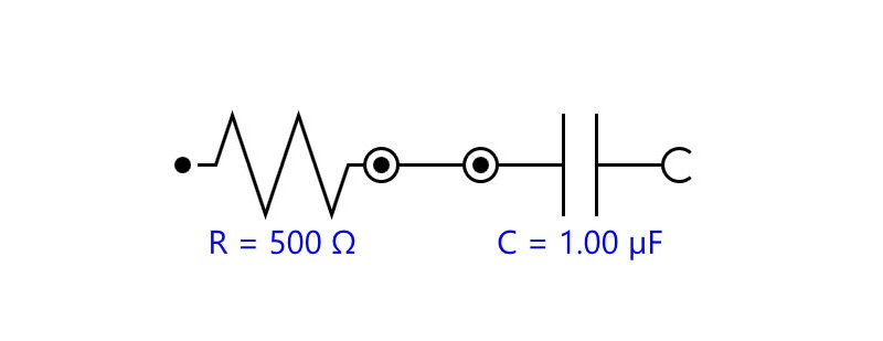 Diagrama de circuito equivalente para un circuito RC (Resistencia-Condensador) en serie. 