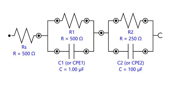Diagrama de circuito equivalente para dos circuitos de Randles en serie.
