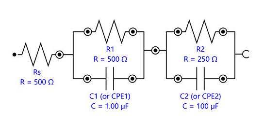 Equivalent circuit diagram for two Randles circuits in  series.