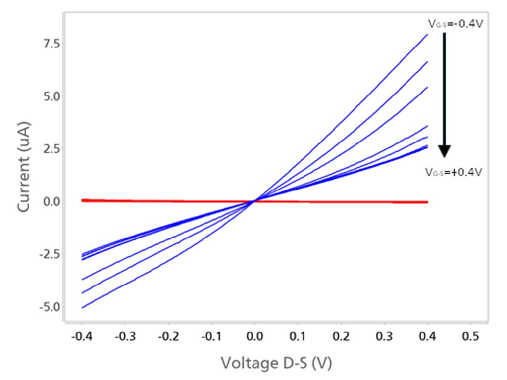 Diagramm mit Darstellung von ID-S (blau) und IG-S (rot) vs. VD-S bei verschiedenen VG-S, erstellt mit der Software DropView 8400. 