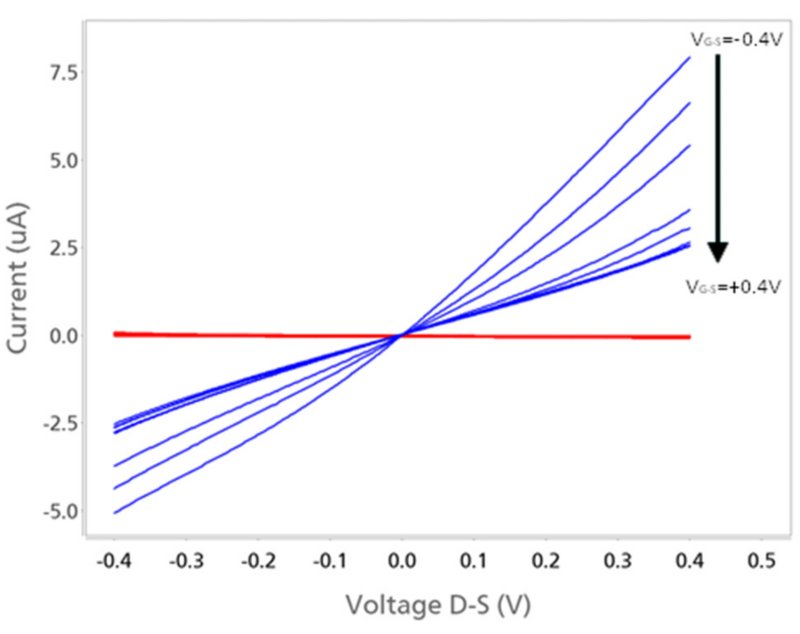 Plot of ID-S (blue) and IG-S (red) versus VD-S obtained at different VG-S with the DropView 8400 software.