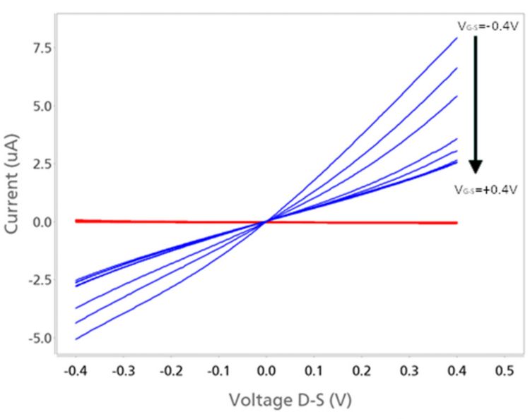 Grafico di ID-S (blu) e IG-S (rosso) rispetto a VD-S ottenuto in diversi VG-S con il software DropView 8400.