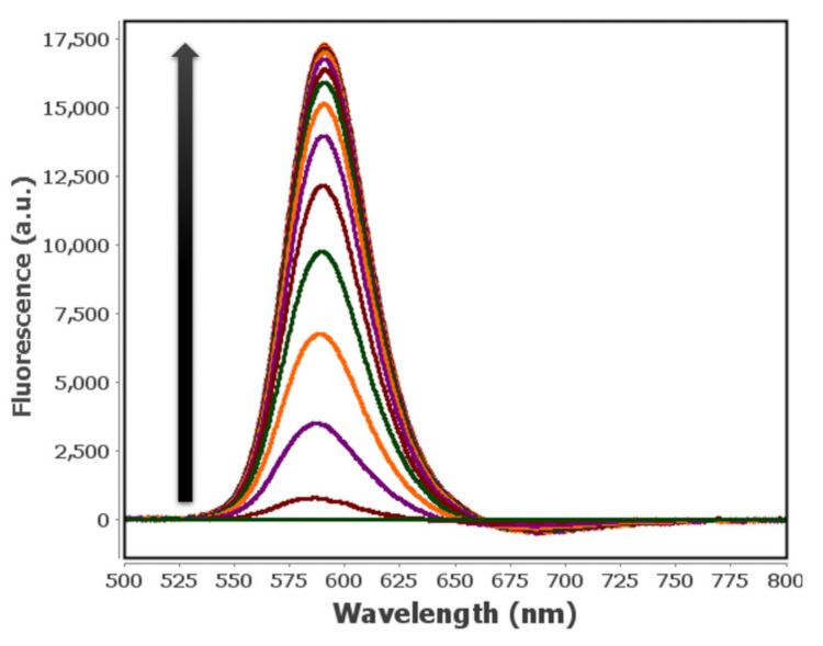 Fluorescence spectra recorded during the first  potential step of the three-part experiment. 