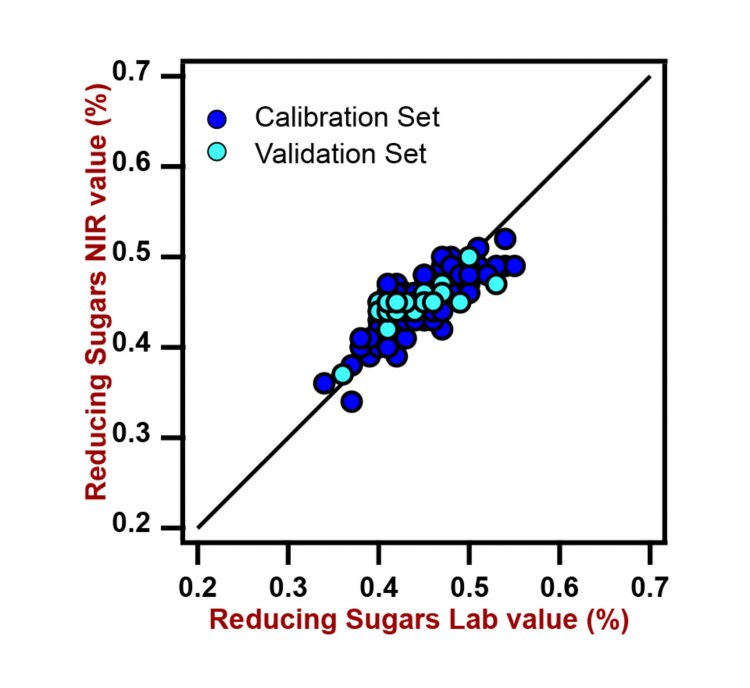 Korrelationsdiagramm und die jeweiligen FOMs für die Vorhersage reduzierender Zucker in Zuckerrohrsaft mit einem DS2500 Liquid Analyzer. Die Laborwerte wurden mittels Ionenchromatographie (IC) gemessen. 