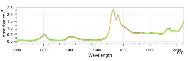 Überlagerte NIR-Spektren von RBDPO-Proben, die auf einem OMNIS NIR Analyzer Liquid bei 60 °C analysiert wurden.
