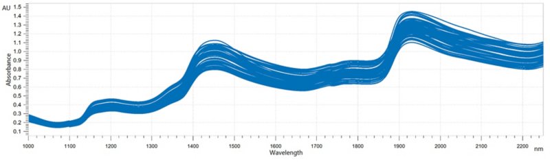 Near-infrared spectra of apple samples analyzed in reflection mode on a Metrohm NIR analyzer.