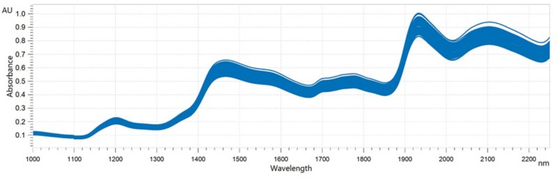 Near-infrared spectra of semola samples analyzed in reflection mode on an OMNIS NIR Analyzer Solid. 