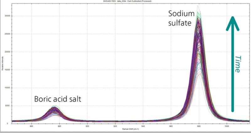 Raman-Spektren aus der Reaktionsstufe. Borsäuresalz (links) und Natriumsulfat (rechts) zeigen klar definierte Peaks.
