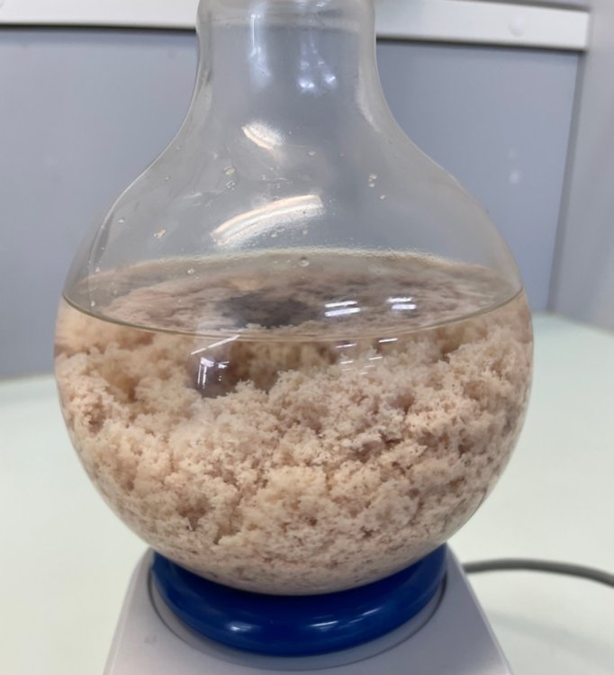 Chopped sausage sample in a 250 mL round bottom flask filled with low-boiling petroleum ether (boiling point 30–40 °C) and a small magnetic stir bar. 