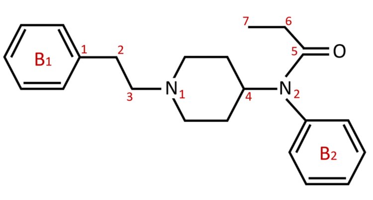 Chemische Struktur von Fentanyl. Die Nummernzuordnungen entsprechen den Schwingungszuordnungen der SERS-Banden in Tabelle 2.