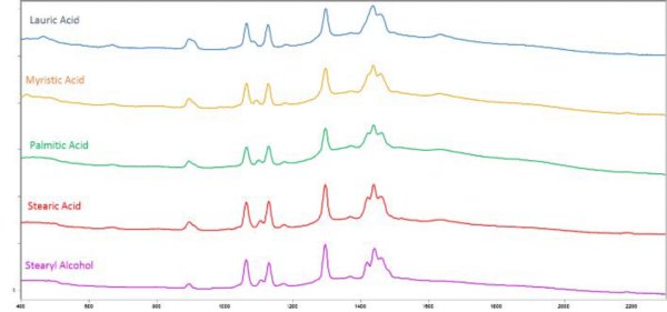 Raman spectra of the fatty acids and fatty alcohol discussed in this Application note