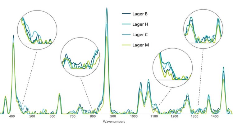 Raman spectra of four popular lager brands, highlighting four areas of high spectral variance.
