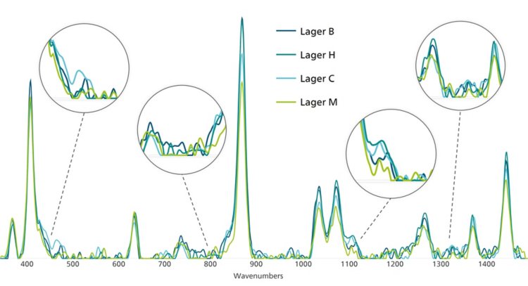 Raman spectra of four popular lager brands, highlighting four areas of high spectral variance.