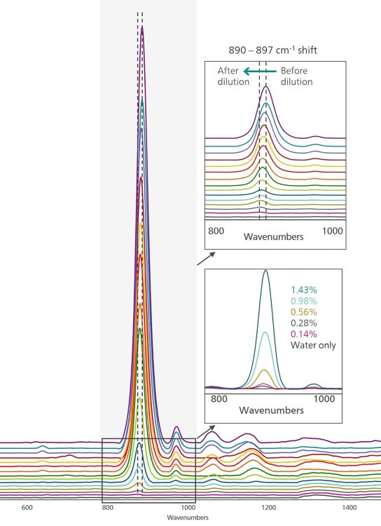 Overlaid, smoothed Raman spectra of phosphoric acid at varying concentrations