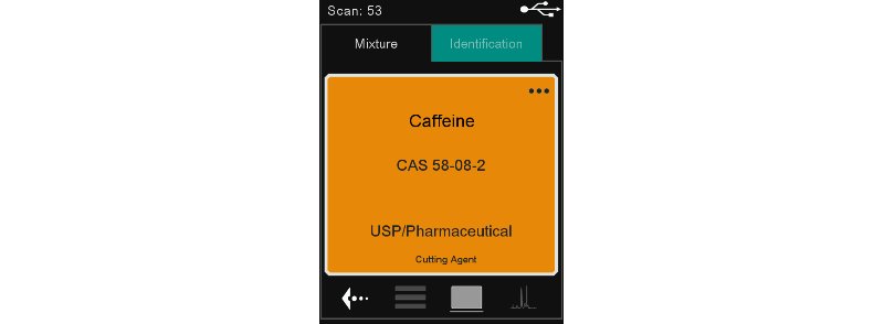 Actual screenshot of identification of caffeine in Yaba  with MIRA DS. Caffeine is a chemical commonly associated with  illicit drugs. The yellow warning background provides immediate,  actionable information about the nature of the sample. 