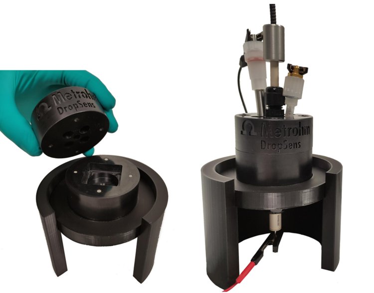  REFLECELL-C, la célula UV-Vis para electrodos convencionales. Vista interior (L) y célula completamente montada con WE, CE, RE y fibra óptica sujeta con pieza de sujeción para un posicionamiento óptimo (R).