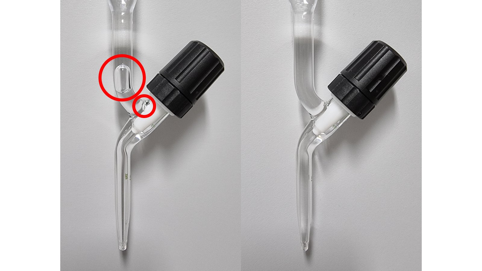 Left: a buret with air bubbles inside. Air bubbles such as these can lead to errors in the results if they are released during a titration. Therefore, ensure that no air bubbles are contained in the buret. Right: a properly filled buret without air bubbles. 