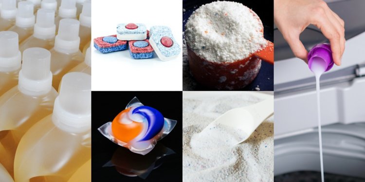 洗剤には多くの配合があります (低刺激性、環境にやさしい、漂白剤を含むなど)。例としては、液体の洗濯洗剤、固形の食器洗い用タブレット、粉末、ポッドなどがあります。 