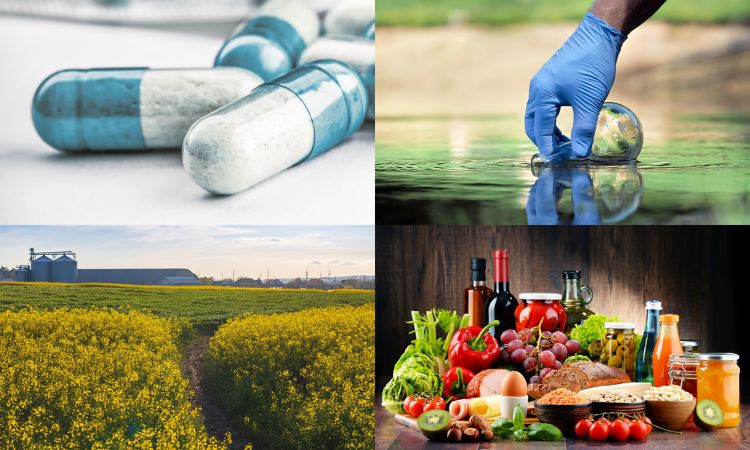 Medical pills, water samples, field, and food representing different industries (pharma, water analysis, environmental analysis, and food and beverage)