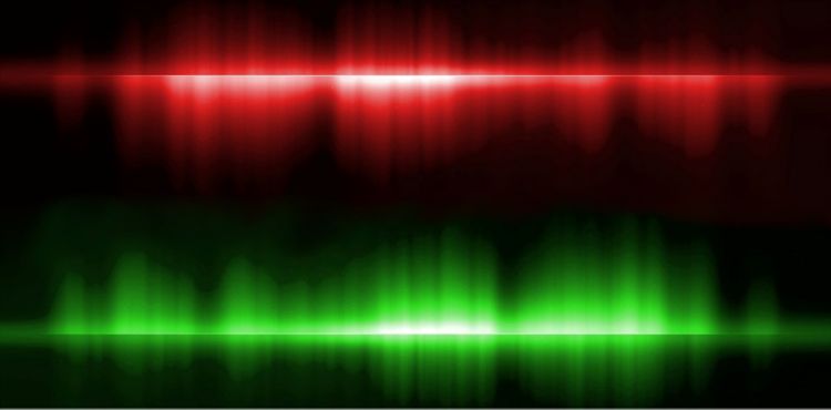 Espectroscopia Raman, láser rojo y verde sobre fondo negro