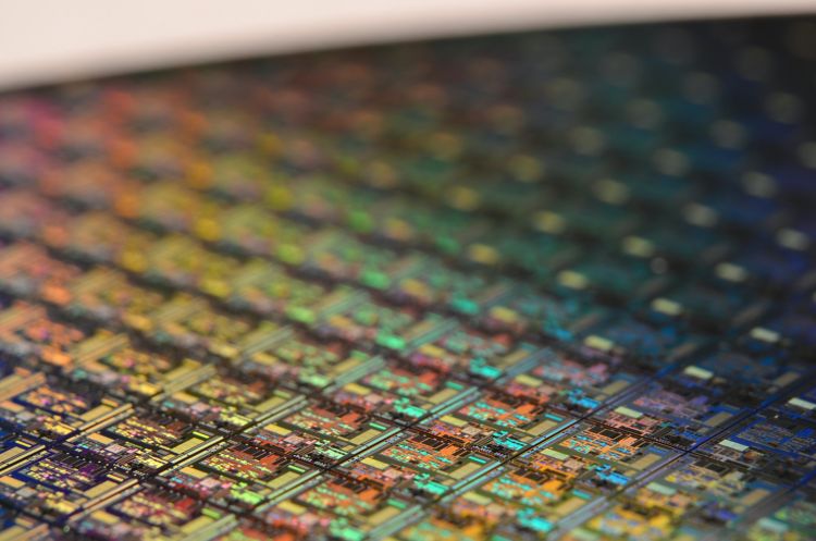 Close-up view of a silicon wafer. Each miniature square is a chip with microscopic transistors and circuits.