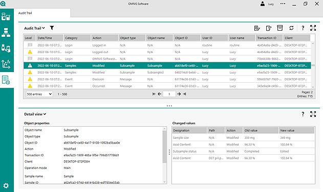 Trilha de auditoria do software OMNIS, software de gerenciamento de dados de laboratório para o ambiente regulamentado, 21 CFR Parte 11