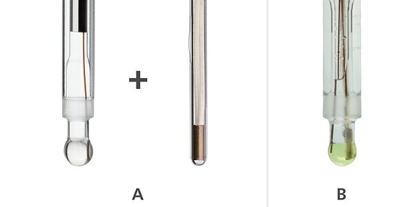pH electrode with A: separated and B: integrated Pt1000 temperature sensor.