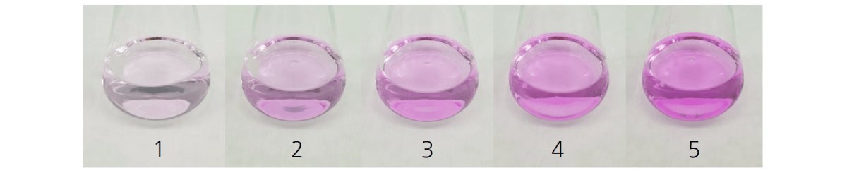 Titration von HCl mit NaOH und Phenolphthalein als Indikator. Die einzelnen Bilder unterscheiden sich lediglich durch die Zugabe eines Tropfens NaOH.