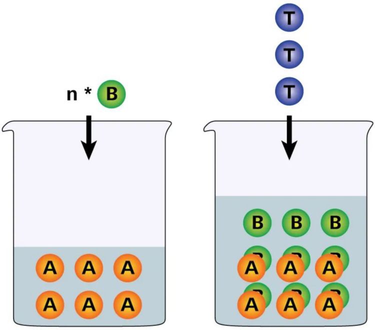 Figura 1. Princípio de reação de uma retrotitulação: O reagente B é adicionado em excesso ao analito A. Após um período de espera definido que permite a reação entre A e B, o excesso do reagente B é titulado com o titulante T.