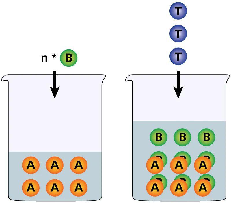 Figure 1. Reaction principle of a back-titration: Reagent B is added in excess to analyte A. After a defined waiting period which allows for the reaction between A and B, the excess of reagent B is titrated with titrant T.