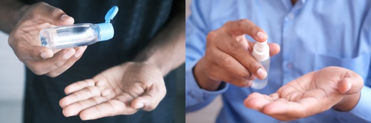 O desinfetante para as mãos pode ser encontrado regularmente na forma de gel (esquerda) ou spray (direita).