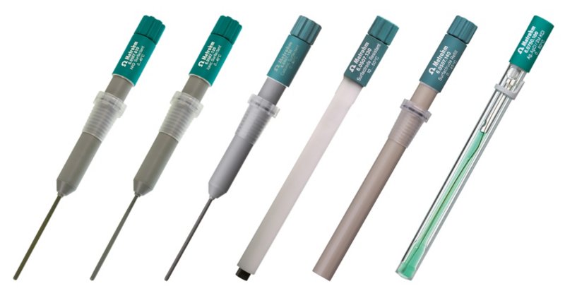 Metrohm offers several electrodes for the determination of surfactants in various matrices. From left to right: NIO surfactant electrode, Ionic Surfactant Electrode, Cationic Surfactant Electrode, Surfactrode Resistant, Surfactrode Refill, and LL ISE reference electrode.