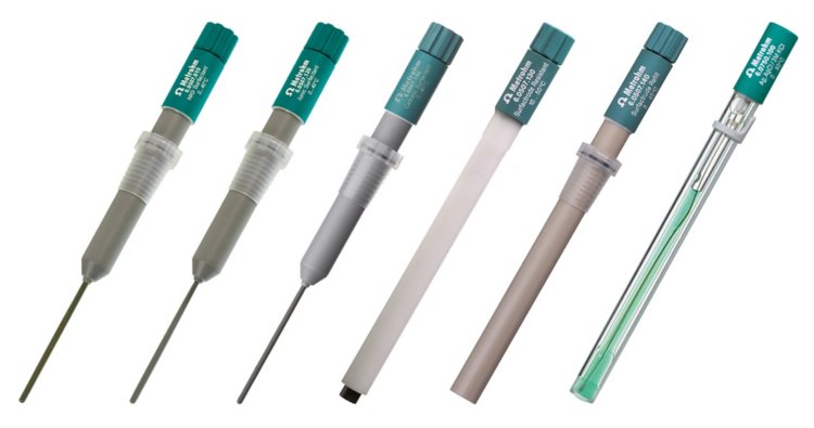 Metrohm offers several electrodes for the determination of surfactants in various matrices. From left to right: NIO surfactant electrode, Ionic Surfactant Electrode, Cationic Surfactant Electrode, Surfactrode Resistant, Surfactrode Refill, and LL ISE reference electrode.
