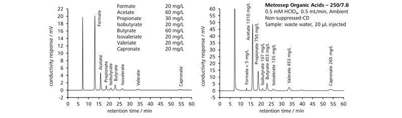 図12-5　イオン排除クロマトグラフィによる排水中の有機酸の測定例 (Metrosep Organic Acids)