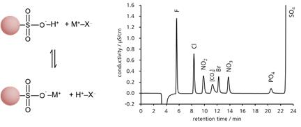 図15-8　強酸性陽イオン交換樹脂における金属イオンの除去機構と 標準陰イオン (各1 mg/L) を添加した硫酸銅溶液 (500 mg Cu/L) の測定例